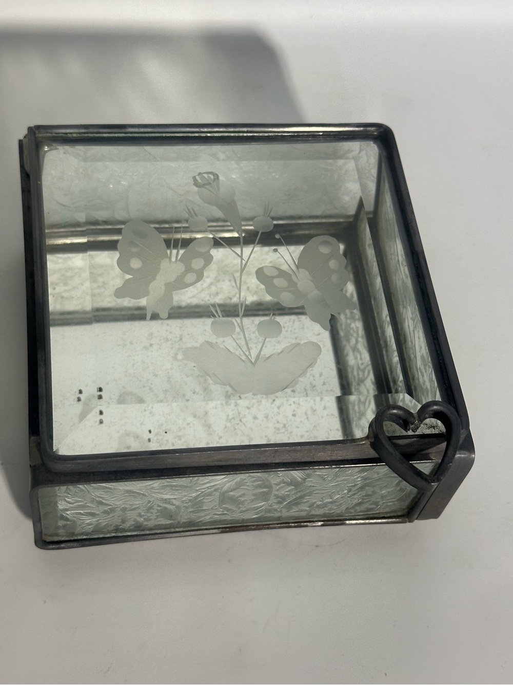 Etched Glass Butterfly Trinket Box with Heart Accent vintage